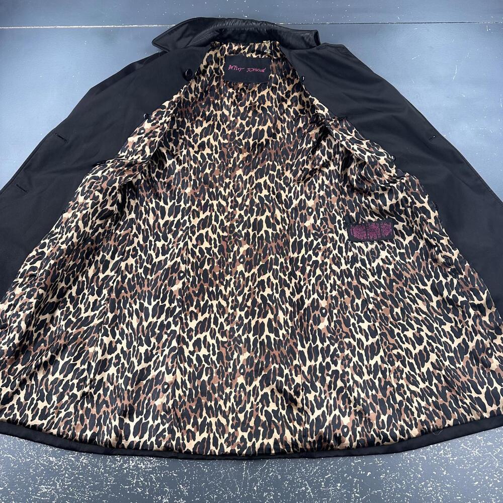 Betsy Johnson Trench Coat Womens Black Shiny Whimsigoth Pea Club Cheetah Lined - Picture 2 of 10